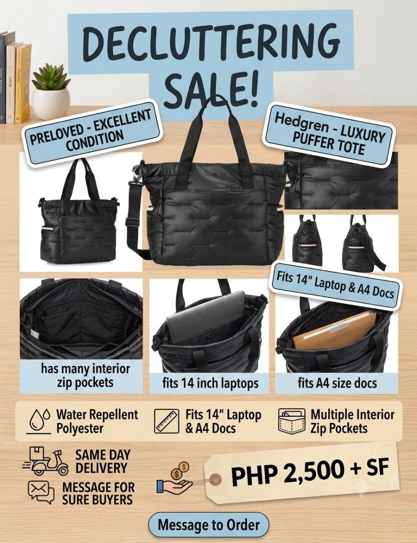 Hedgren Black Puffer Tote Bag - Excellent Condition (Category: Tote Bags) located in Pasig City. Submitted by capycarts (Listing ID 1446023260, Image 1). Description: ✨️ FOR SALE ✨️ 🛒 Hedgren Black Puffer Tote listed price + SF Lightweight, stylish, and perfect for work, travel, or everyday use. Spacious with multiple pockets and in excellent condition. 📍Bagumbayan QC PM for sure buyers poo~.