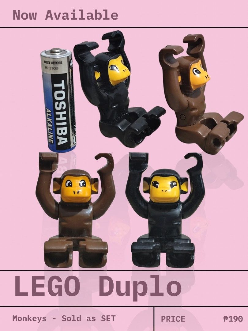 LEGO Duplo Monkeys Set - Sold as Set (Category: Lego & Building Sets) located in Quezon City. Submitted by Emcee (Listing ID 1446092165, Image 2). Description: - Set of 2 LEGO Duplo monkeys - Includes black and brown monkeys - Larger Duplo size, ideal for young children - Sold as a complete set - Price: P190.