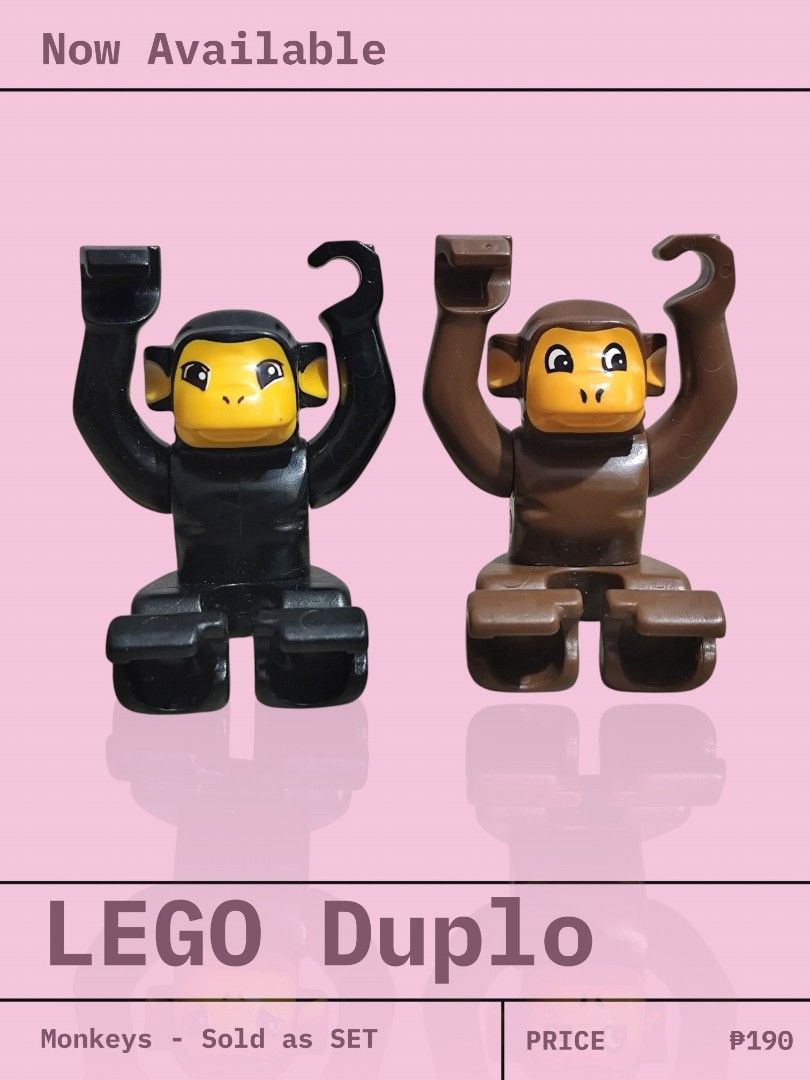 LEGO Duplo Monkeys Set - Sold as Set (Category: Lego & Building Sets) located in Quezon City. Submitted by Emcee (Listing ID 1446092165, Image 1). Description: - Set of 2 LEGO Duplo monkeys - Includes black and brown monkeys - Larger Duplo size, ideal for young children - Sold as a complete set - Price: P190.