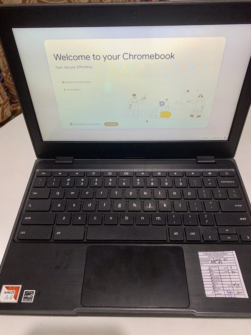 Lenovo Chromebook with AMD A4 Processor (Category: Laptops & Notebooks) located in Quezon City. Submitted by bettymy (Listing ID 1446089722, Image 2). Description: - Lenovo Chromebook for sale - Processor: AMD A4 - RAM: 4GB - Storage: 32GB - All functions tested and working: ports, keyboard, touchpad, sound, WiFi, battery, camera - Ready for a new owner!.