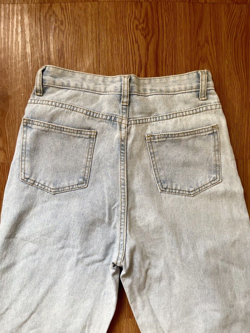 Light Wash Distressed Wide Leg Jeans (Category: Jeans) located in Cavite. Submitted by moon_beam_22 (Listing ID 1446035538, Image 3). Description: Preloved ~ almost new hard denim size : 27 length: 41” *color may vary due to lighting* Shipping via orange app/j&t .