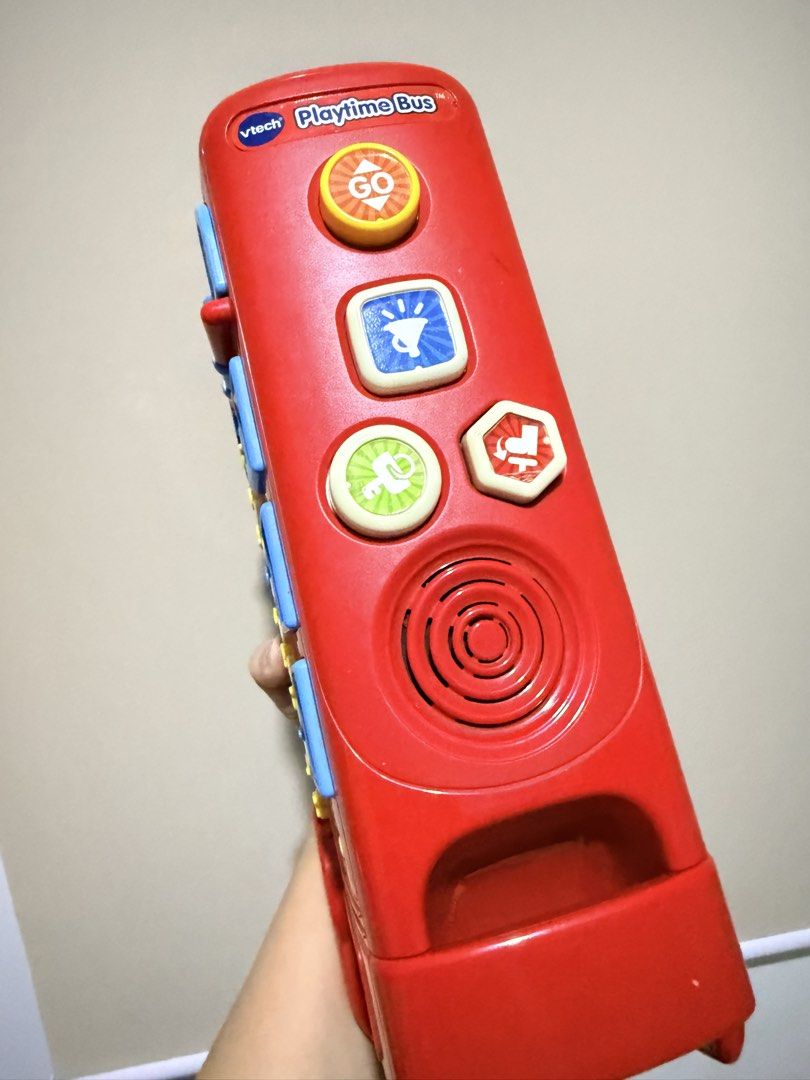 LOWEST PRICE! VTech Playtime Bus with Phonics (Category: Educational & Learning Toys) located in Quezon City. Submitted by sararesur34472 (Listing ID 1446094523, Image 2). Description: This red VTech Playtime Bus with Phonics features 26 letter buttons and 10 number buttons to help children learn ABCs, phonics, and numbers. It includes eight interactive learning activities that teach animals, words, spelling, and safety rules. The toy plays over 