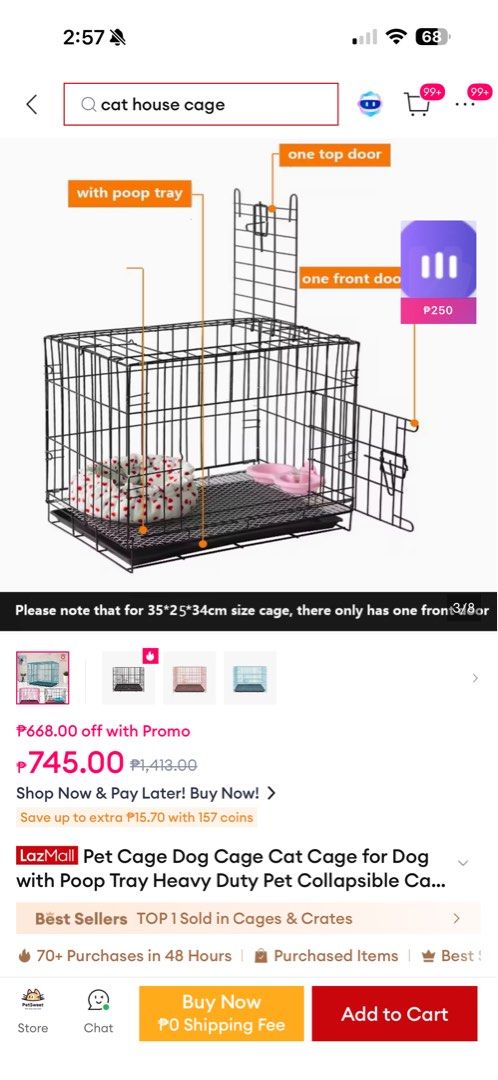 Metal Dog Cage with Tray (Category: Homes & Other Pet Accessories) located in Caloocan City. Submitted by _.helloItsMe (Listing ID 1446042896, Image 1). Description: - Sturdy metal dog cage - Includes black plastic tray - Suitable for small to medium pets - Still very functional and durable - Ready for its new loving home! RFS: may konting damage but it’s brand new. Never been used.