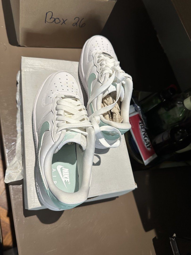 Nike Air Force 1 Low White Mint Green (Category: Sneakers) located in Muntinlupa City. Submitted by stuffbya (Listing ID 1445998384, Image 2). Description: - Classic white Nike Air Force 1s - Mint green swoosh and accents - Size: US 7 (EUR 38) - Comes with original box and paper - Ideal for everyday wear - Clean and stylish kicks!.