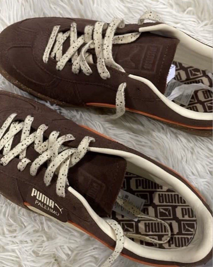 Puma Palermo Brown Suede Sneakers (Category: Sneakers) located in Mandaluyong City. Submitted by eldrin (Listing ID 1446021505, Image 3). Description: - Brown suede Puma Palermo sneakers - Cream and orange stripe detail on the side - Speckled sole and laces - Comes with original box - Ideal for casual wear.