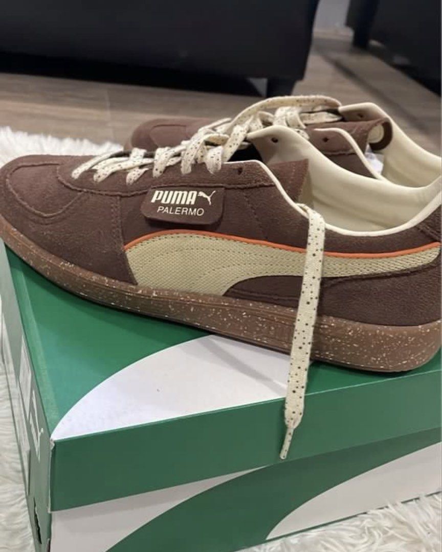 Puma Palermo Brown Suede Sneakers (Category: Sneakers) located in Mandaluyong City. Submitted by eldrin (Listing ID 1446021505, Image 2). Description: - Brown suede Puma Palermo sneakers - Cream and orange stripe detail on the side - Speckled sole and laces - Comes with original box - Ideal for casual wear.