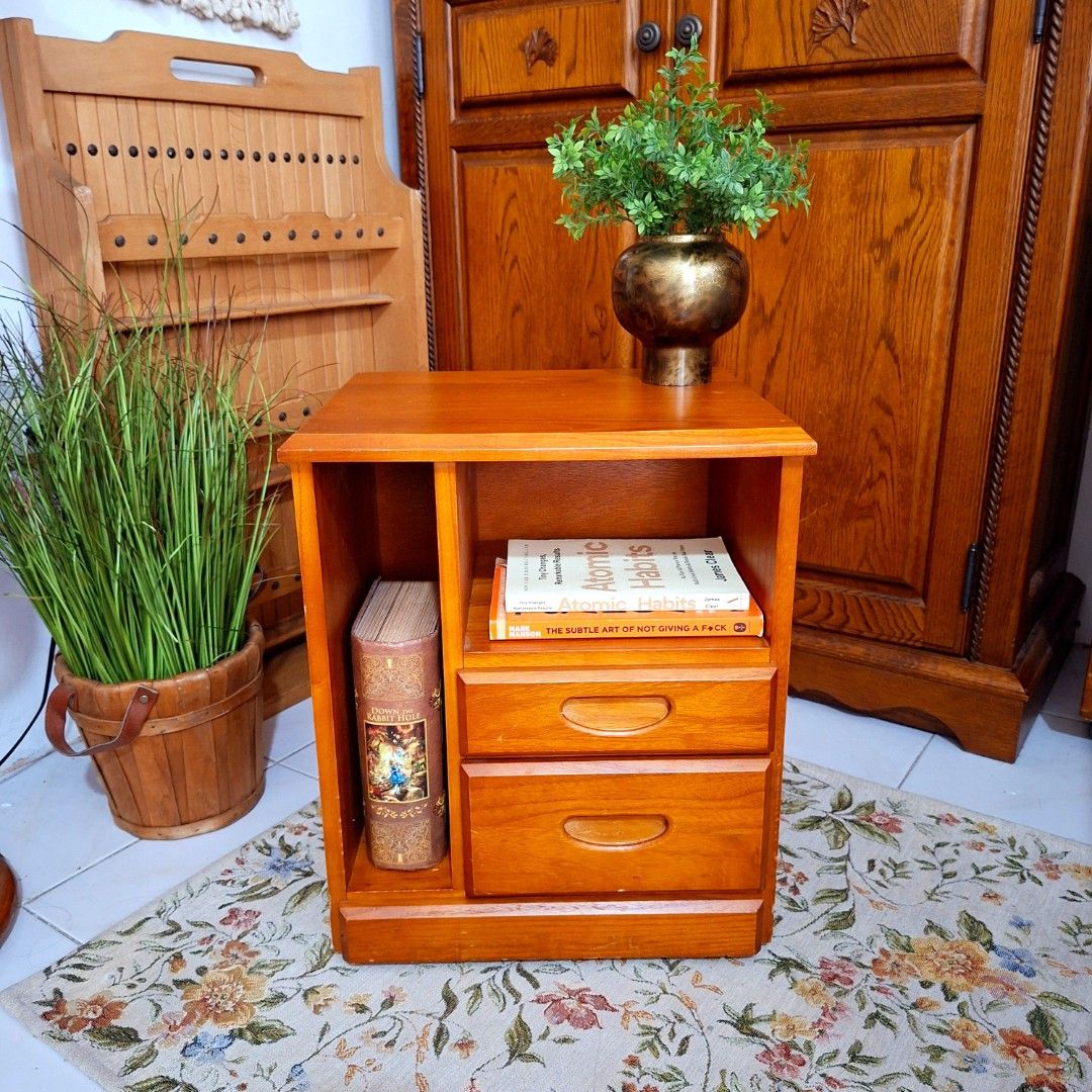 Unique Small solid Wood Movable Side table night stand drawer midcentury modern (Category: Shelves, Cabinets & Racks) located in Dasmarinas. Submitted by millennialmeetsvintage (Listing ID 1446080584, Image 2). Description: ✨SALE✨ BEFORE: 2800 NOW: 2499 H 45 x L 37 x W 30 lightweight solid paulownia wood has minor scratches 360° wheels last price posted, no haggling 🙅🏻‍♀️ 🌍ships from DASMA, CAVITE 🚚 shipping via Lalamove only ❌no reservations