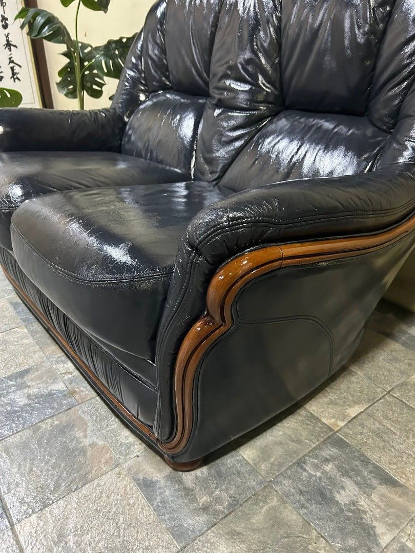 Sofa (Category: Sofas) located in Meycauayan. Submitted by marygracecasimiro (Listing ID 1446100028, Image 3). Description: Imported 2 Seater Sofa from Japan P11,000 lang mga suki 53x39x35in Leather/ Dark Blue Solid Wood Base Walang Sag Walang lubog Makapal ang Foam Heavy duty From Japan♥️.