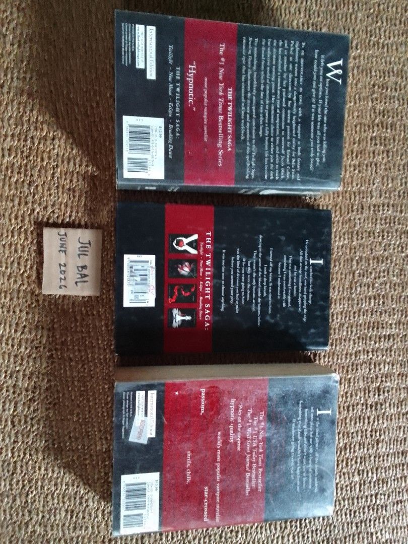 The Twilight Saga Books by Stephenie Meyer (Category: Storybooks) located in Bulacan. Submitted by book_girl27 (Listing ID 1446151818, Image 2). Description: ₱350 bundle of 3/ Twilight Saga Stephenie Meyer/ Secondhand Books - Set includes: Breaking Dawn, Eclipse, and The Short Second Life of Bree Tanner from The Twilight Saga. - All books are in paperback format. - Ideal for fans of the popular Twilight series. .