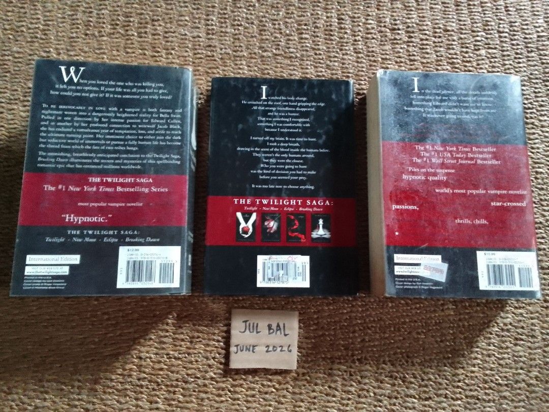 The Twilight Saga Books by Stephenie Meyer (Category: Storybooks) located in Bulacan. Submitted by book_girl27 (Listing ID 1446151818, Image 3). Description: ₱350 bundle of 3/ Twilight Saga Stephenie Meyer/ Secondhand Books - Set includes: Breaking Dawn, Eclipse, and The Short Second Life of Bree Tanner from The Twilight Saga. - All books are in paperback format. - Ideal for fans of the popular Twilight series. .