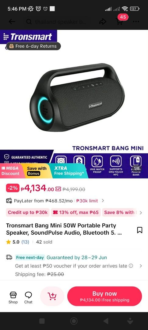 Tronsmart Bang Mini 50W Portable Party Speaker Bluetooth (Category: Soundbars, Speakers & Amplifiers) located in Las Pinas. Submitted by rcp123 (Listing ID 1446076161, Image 3). Description: - Tronsmart Bang Mini Portable Party Speaker - Powerful 50W SoundPulse Audio - Seamless Bluetooth Connectivity - Waterproof Design for Any Adventure - Ideal for Parties and Outdoor Gatherings.
