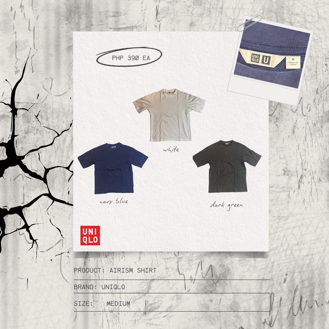 Uniqlo AIRISM Shirt - Medium (Category: Tshirts & Polo Shirts ) located in Manila. Submitted by weshside (Listing ID 1446150146, Image 1). Description: - Uniqlo AIRISM Shirt - Size: Medium - Available Colors: Navy Blue, White, Dark Green - Features: Comfortable and breathable fabric - Perfect for: Everyday wear - Price: PHP 390 each.