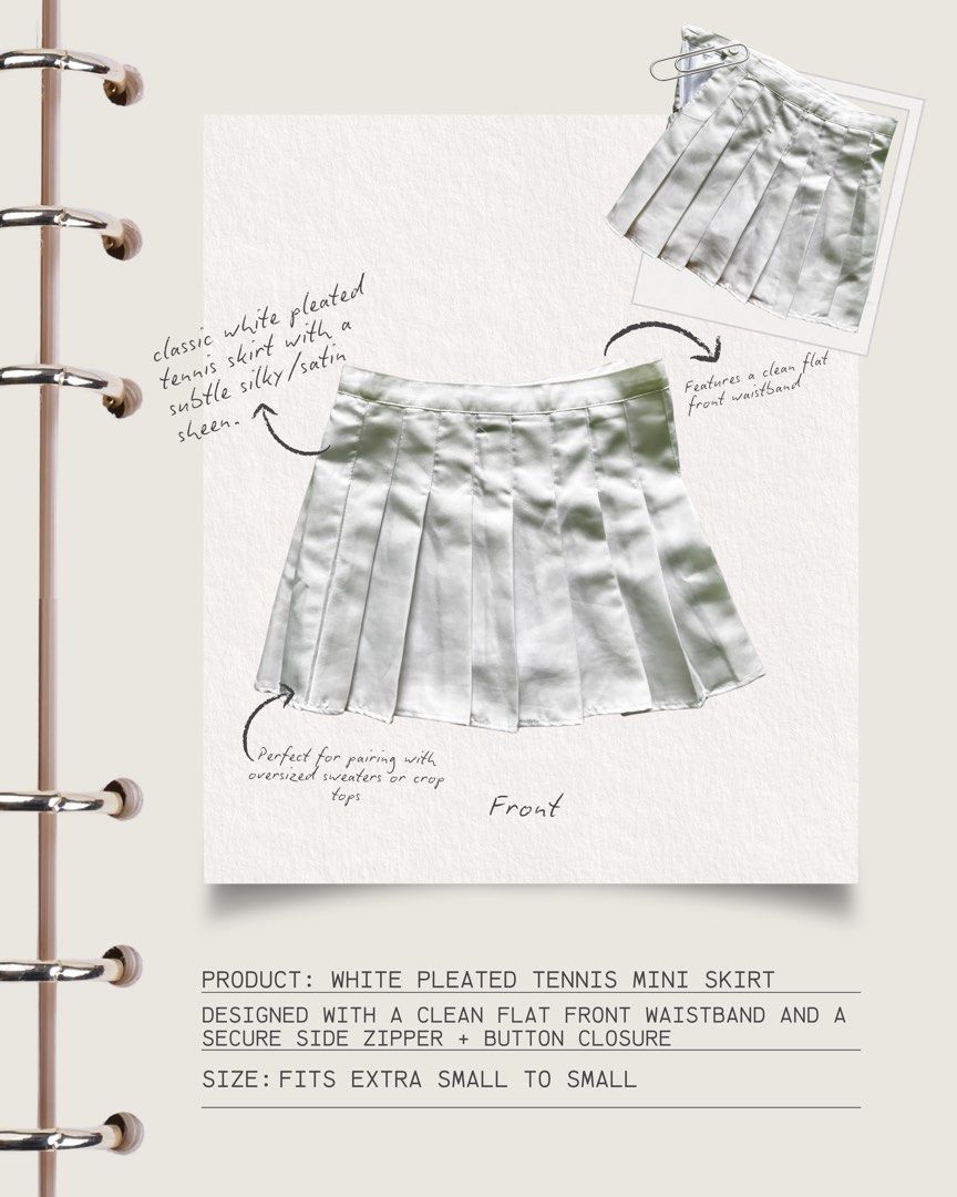 White Pleated Tennis Skirt (Category: Skirts) located in Cabuyao City. Submitted by rihtoyours (Listing ID 1446044737, Image 3). Description: 🪽A more in-depth description of the skirt shown in the photos 🪽DESIGNED WITH A CLEAN FLAT FRONT WAISTBAND AND A SECURE SIDE ZIPPER + BUTTON CLOSURE 🪽SIZE: FITS EXTRA SMALL TO SMALL.