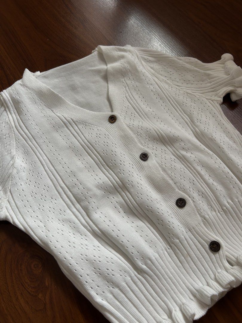 White Short Sleeve Button Up Knit Cardigan (Category: Coats, Jackets and Outerwear) located in Quezon City. Submitted by sdnncmp (Listing ID 1446053948, Image 2). Description: - fits size XS to S - flattering V-neckline - good quality fabric, thick pero presko pa rin! dm for any inquiries or questions!.