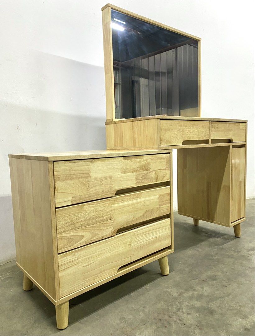 Wooden Dressing Table with Mirror and Storage (Category: Tables & Sets) located in Santa Rosa. Submitted by annie_annie83 (Listing ID 1446148243, Image 3). Description: - Solid wood construction for durability - Large, clear mirror included - Ample storage with multiple drawers and a cabinet - Beautiful, natural wood grain - Sturdy and stable design - Perfect addition to any bedroom.