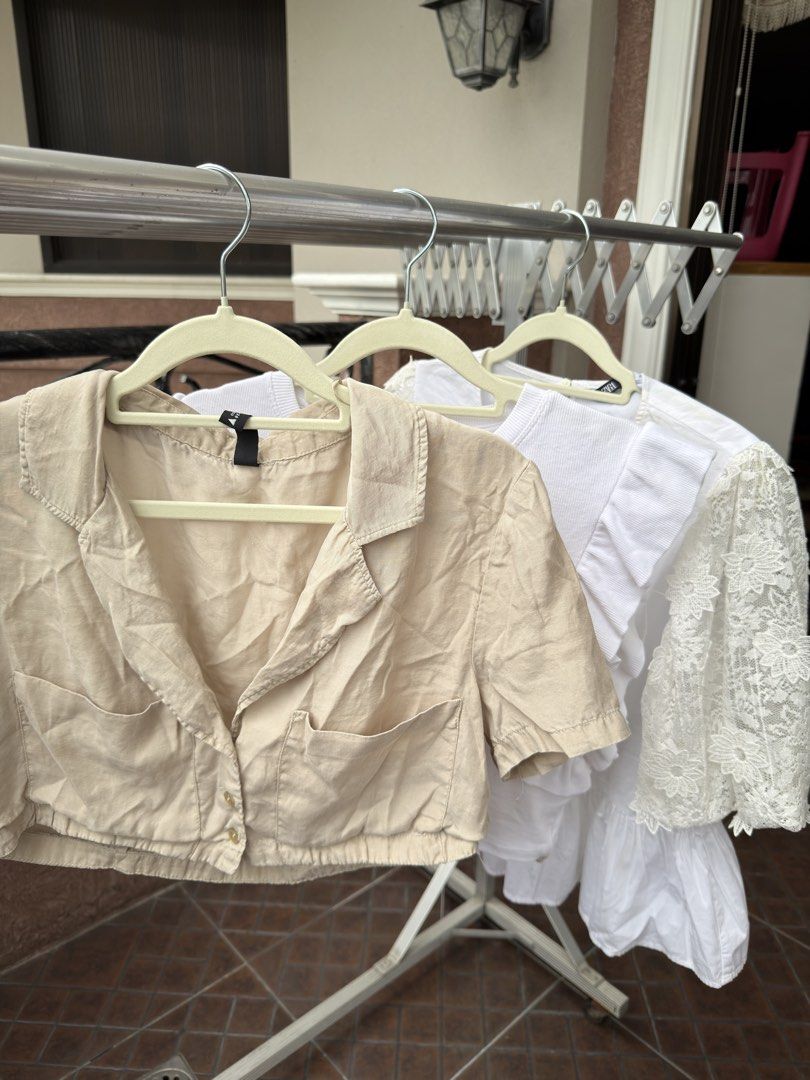 Zara Tops S-M (Category: Blouses) located in Davao. Submitted by keirousel (Listing ID 1446032853, Image 1). Description: - Take all 3 Zara tops - First top: Beige cropped shirt with collar and button front. - Second top: White ribbed top with cute ruffle sleeves. - Third top: Blouse with floral sleeve details.