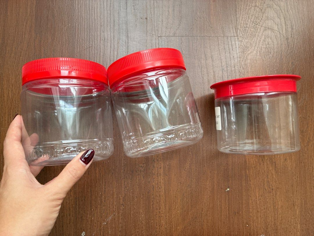 3 Clear Plastic Jars with Red Lids