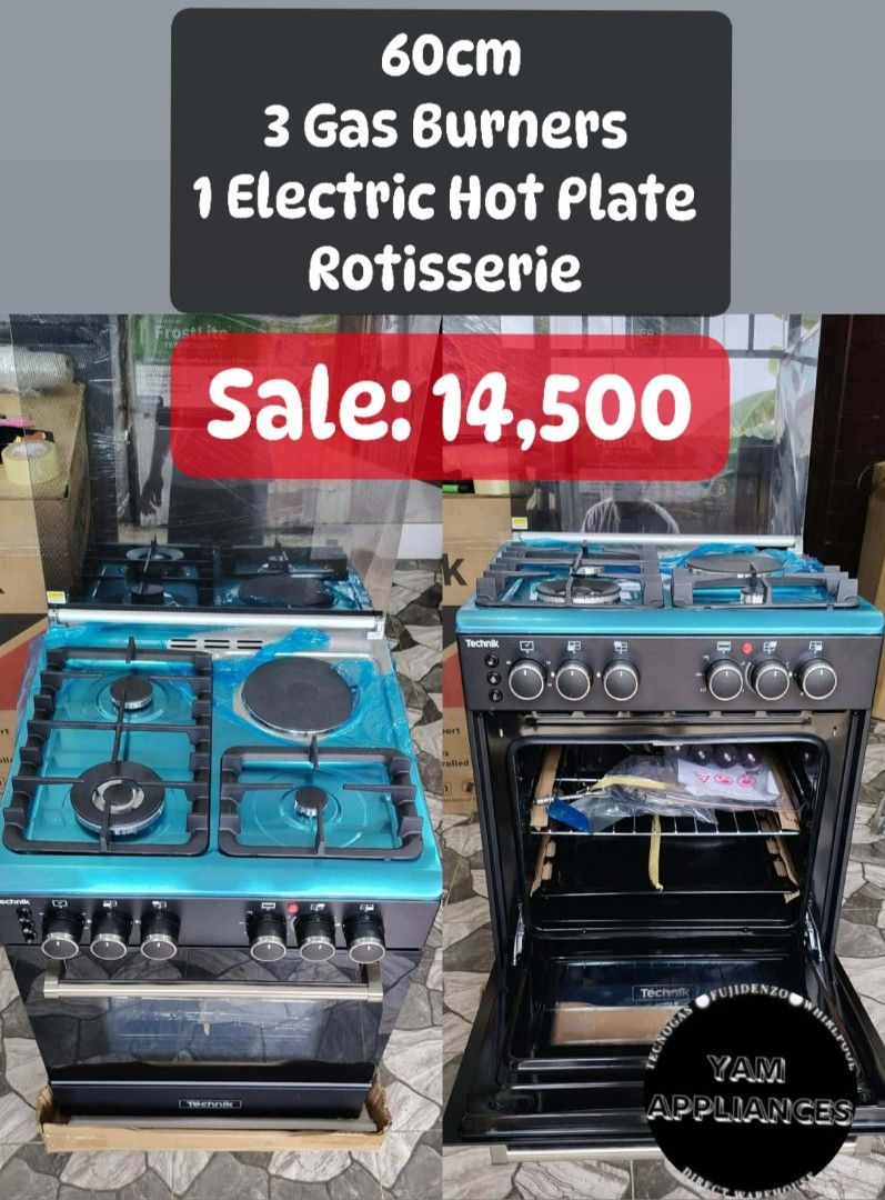 60cm Gas Range with Oven (Category: Cookers) located in Caloocan City. Submitted by yam_appliances (Listing ID 1446186696, Image 1). Description: 60cm 3gas burners 1electric hot plate rotisserie matte Black brandnew mallpullout with warranty COD PAYMENT.