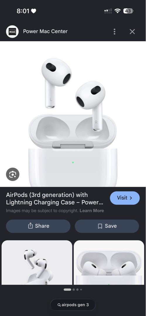 Apple AirPods (3rd Gen) with Lightning Charging Case (Category: Earphones) located in Manila. Submitted by marinellathenadurata (Listing ID 1446282769, Image 1). Description: 🎧 Apple AirPods (3rd Generation) – Charging Case + Right Pod Only Selling my AirPods 3rd Generation. ✅ 100% working ✅ Charging case in good condition ✅ Right AirPod works perfectly ❌ Left AirPod is missing Perfect if you’re looking for a replacement case or right AirPod. Co