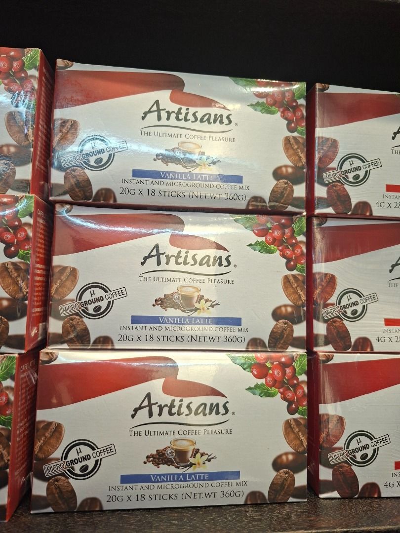 Artisans Instant and Micro-ground Coffee Mix - Various Flavors (Category: Beverages) located in Caloocan City. Submitted by ednamanlapaz21 (Listing ID 1446316840, Image 3). Description: Selling Artisans coffee mix. Available in Vanilla Latte, Cafe Latte, Cafe Mocha, Premium Coffee, and Colombia Decaf. Each box contains 18 or 28 sachets. Great for your daily coffee fix..