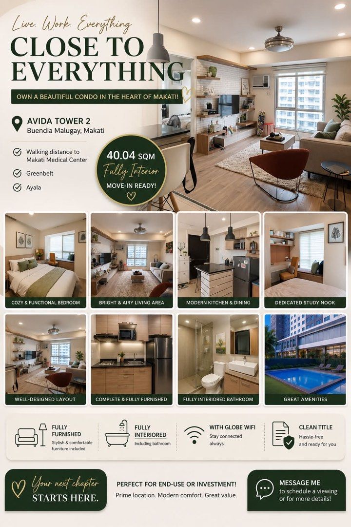 Avida Asten Buendia Malugay by Ayala (Category: Apartments & Condos) located in Manila. Submitted by lodmallare85627 (Listing ID 1446173330, Image 1). Description: Avida Asten Condo located in Buendia Malugay clean title, with globe wifi, Fully interior and furnished, my daughter stays there only from time to time, almost new. 1 bedroom, all taxes paid/updated, never tenanted preferably direct buyer. Move-in ready just give me 1 week. By the way 