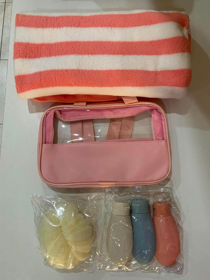 Bath Essentials Set (Pink) (Category: Bath) located in Quezon City. Submitted by floreskari78555 (Listing ID 1446326081, Image 3). Description: self-care routine or share the pampering! This beautiful curated set is the perfect treat for yourself, a sweet gift for a loved one, or a stunning giveaway for bridesmaids and corporate events. 🛁✨ ​What’s Inside: ​🎀 1 Premium Soft Microfiber Towel (Pink & White Striped) ​👝 1 Pink Transparent Travel Ba
