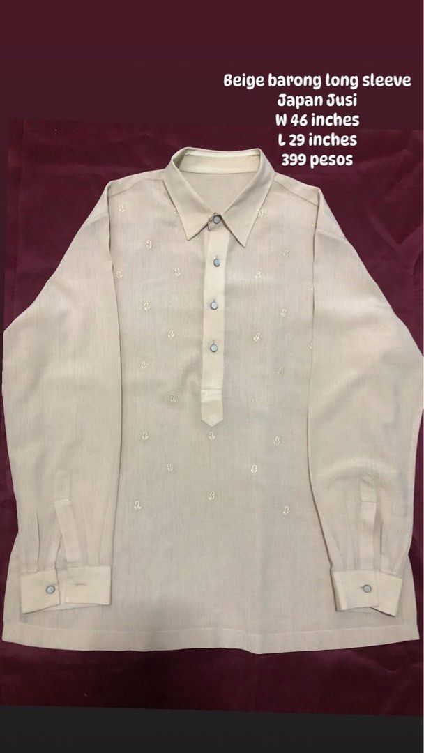Beige long sleeve japan jusi (Category: Tshirts & Polo Shirts ) located in Marikina City. Submitted by mae_shi (Listing ID 1446340677, Image 1). Description: Beige barong long sleeve Japan Jusi W 46 inches L 29 inches.