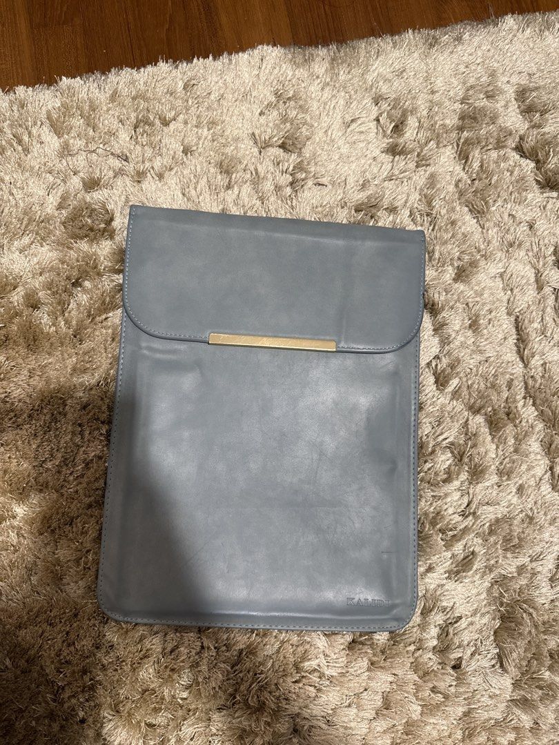 Blue Grey Leather Laptop Sleeve Pouch