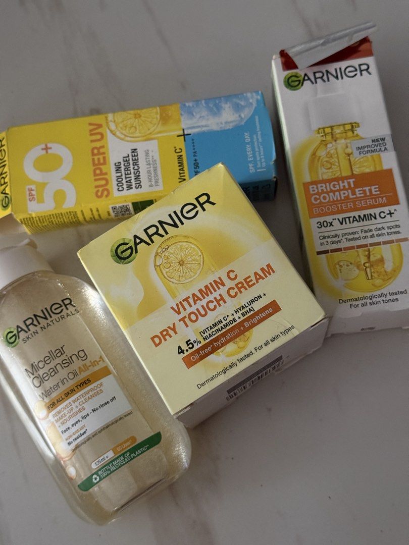 BUNDLE Garnier Micellar Water, Sunscreen, Cream & Serum (Category: Face Care) located in Imus. Submitted by shopaholic_preloved17 (Listing ID 1446246290, Image 1). Description: - Garnier Vitamin C Skincare Set - Includes: Micellar Cleansing Water in Oil, Super UV Cooling Watergel Sunscreen SPF 50, Vitamin C Dry Touch Cream, Bright Complete Booster Serum - All products infused with Vitamin C - Ideal for your daily skincare routine - Achieve a brig