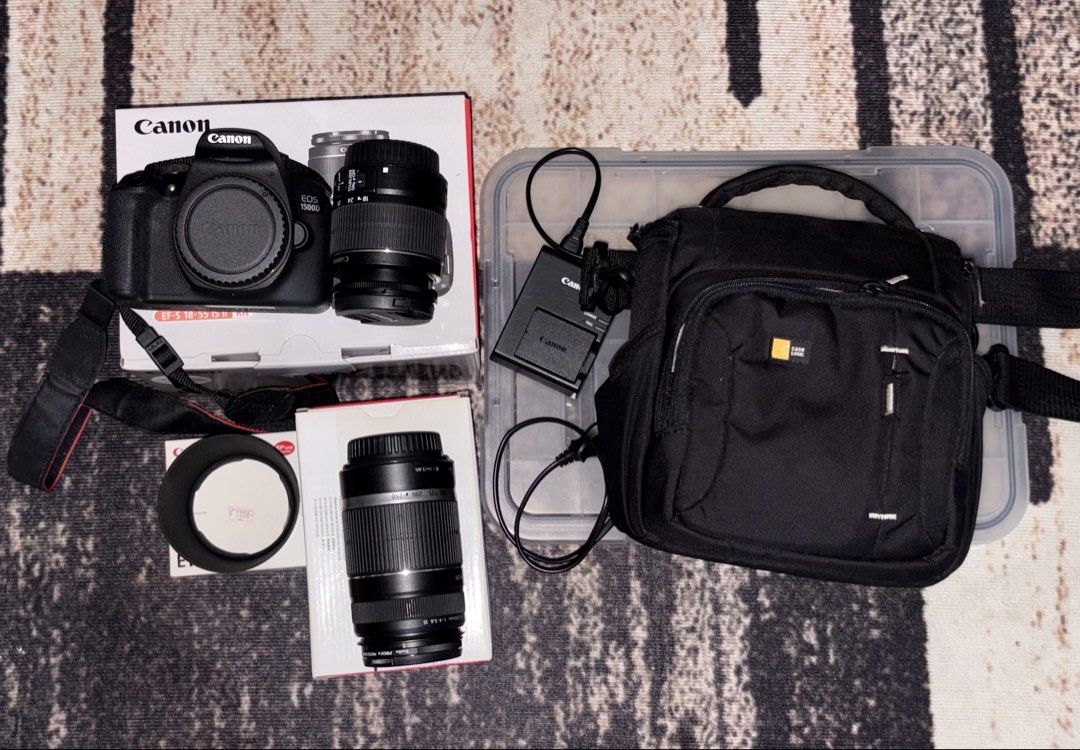 Canon EOS 1500D DSLR Camera Kit with 2 Lenses (Category: Cameras) located in Imus. Submitted by k_c2277 (Listing ID 1446299182, Image 1). Description: Purchased last year Includes: ✔ Canon EOS 1500D Body ✔ Canon 18-55mm kit Lens ✔️ Canon efs 55-250mm f/4-5.6 IS for capturing the moon if max zoom and other farther subjects ✔ Original Canon Battery ✔ Original Canon Charger ✔ Canon Neck Strap ✔ Camera Bag ✔️ Lens Hood ✔ 1 pc 32gb memory card.