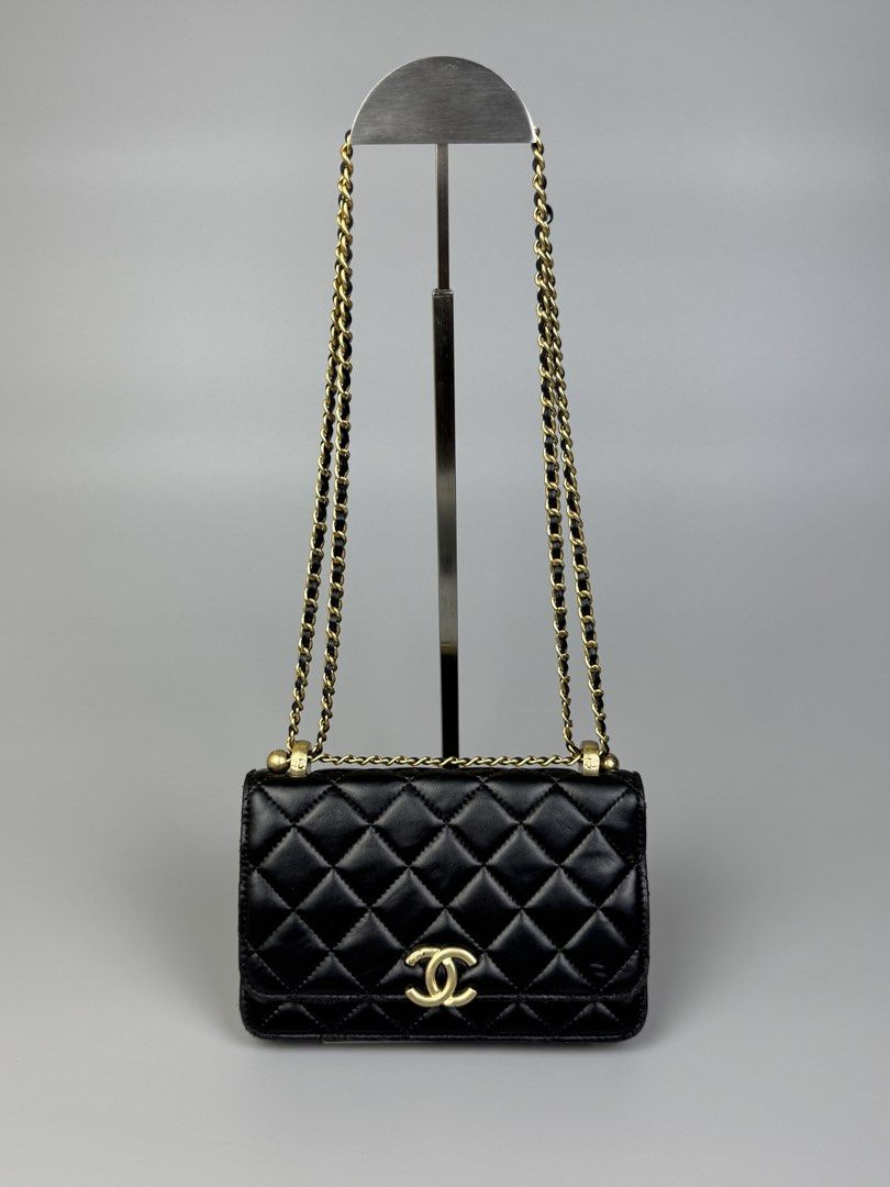 Chanel - Quilted Lambskin Leather Gold Hardware - WOC (Category: Luxury Bags & Wallets) located in Quezon City. Submitted by japon_rose (Listing ID 1446265749, Image 2). Description: READ DESCRIPTION FIRST BEFORE YOU START A DEAL Chanel - Quilted Lambskin Leather Gold Hardware - WOC ( Can be used to shoulder and crossbody ) Color: Black Can fit any phone even iPhone 17/ PM with wallet or etc. Dimensions: Length: 5 Width: 7.5 Side: 1.5 Under: 2 Sh