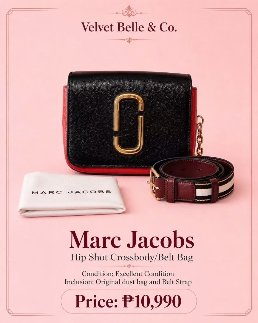 Coach Hutton Shoulder Bag (Category: Luxury Bags & Wallets) located in Cabuyao City. Submitted by velvetbelleph (Listing ID 1446257334, Image 1). Description: Marc Jacobs Hip Shot Crossbody / Belt Bag in a stylish black and red color combination with elegant gold-tone hardware. This versatile bag can be worn as a crossbody bag, shoulder bag, or belt bag, making it perfect for casual outings, travel, and everyday use. Condition: Excellent conditio