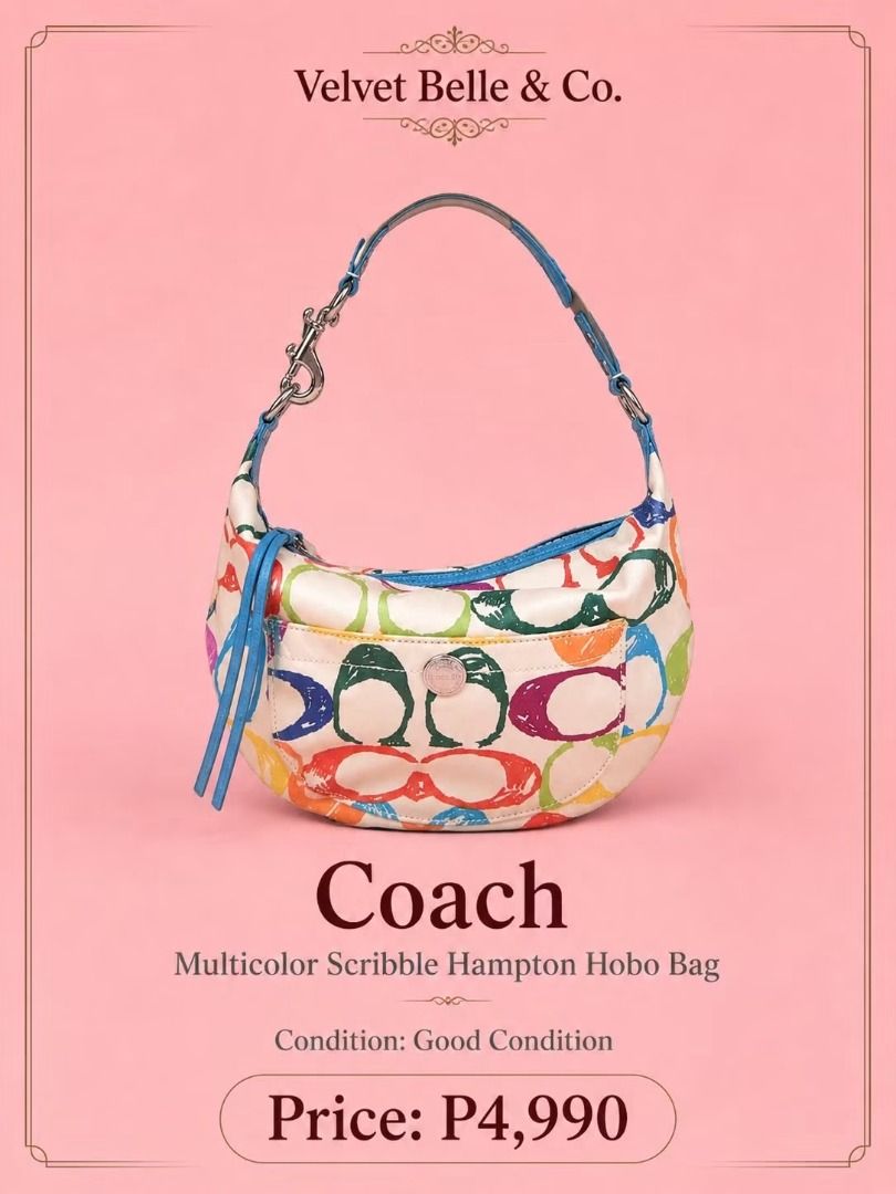 Coach Multicolor Scribble Hampton Hobo Bag (Category: Luxury Bags & Wallets) located in Cabuyao City. Submitted by velvetbelleph (Listing ID 1446258623, Image 1). Description: Add a fun pop of color to your collection with this Coach Multicolor Scribble Hampton Hobo Bag. It features a colorful Coach-inspired scribble print on a light-colored body, complemented by blue leather trim and handle, silver-tone hardware, and a convenient front pocket. I