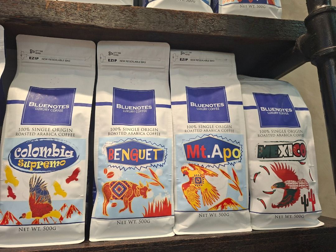 Coffee (Category: Coffee & Tea Tableware) located in Caloocan City. Submitted by ednamanlapaz21 (Listing ID 1446316280, Image 3). Description: - Brand: Blue Notes Luxury Coffee - Type: 100% Single Origin Roasted Arabica Coffee Beans - Available Origins: Colombia Supremo, Congo, Peru, Kenya, Benguet, Mt. Apo, Guatemala, Mexico, Panama Caturra, East Africa - Net Weight: 250g per bag - Perfect for coffee enthusiasts seeking diverse global flavors..