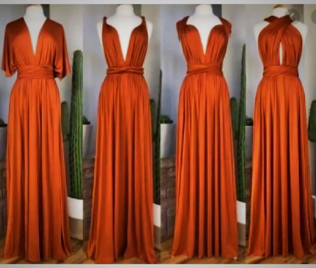 Convertible Infinity Dress - Rust Orange ( 3pcs available) (Category: Evening dresses & gowns) located in San Pedro. Submitted by emplaything (Listing ID 1446328659, Image 1). Description: - Versatile infinity dress in rust orange - Ideal for bridesmaids, weddings, and special occasions - Flowy and comfortable fabric - One size fits most - Perfect for destination weddings - used once -3pcs available 200 each -Photo is just for reference.