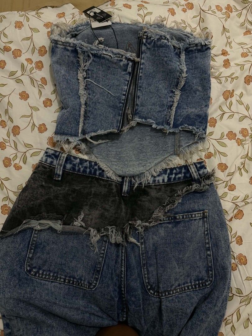 Distressed Denim Corset Top and Jeans Set (Category: Others Tops) located in Mandaluyong City. Submitted by mirachelle1 (Listing ID 1446236259, Image 2). Description: - Cool distressed denim corset top and matching jeans - Unique patchwork design with ripped details - Zipper closure on the corset top - Perfect for a statement outfit - Size S - 100% cotton -from USA.