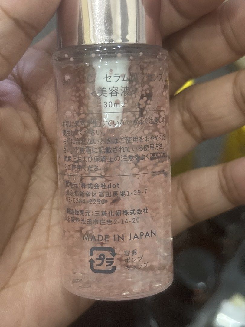 dot Serum Essence 30ml Made in Japan (Category: Face Care) located in Malabon City. Submitted by everythingpreloveddd (Listing ID 1446328090, Image 2). Description: - 30ml bottle of dot Serum Essence - Made in Japan - Contains unique small pink beads - Convenient pump dispenser - Ideal addition to your skincare routine.