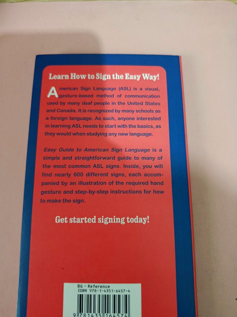 Easy Guide to American Sign Language (ASL) (Category: Textbooks) located in Dasmarinas. Submitted by 1_vincent (Listing ID 1446184195, Image 2). Description: ✅ Almost brand new ✅ Never used ✅ No writings or highlights ✅ No folded pages ✅ Clean cover and pages A beginner-friendly guide to learning American Sign Language (ASL). Contains hundreds of signs with illustrations and step-by-step instructions. RFS: Decluttering Shipping only. Feel free to