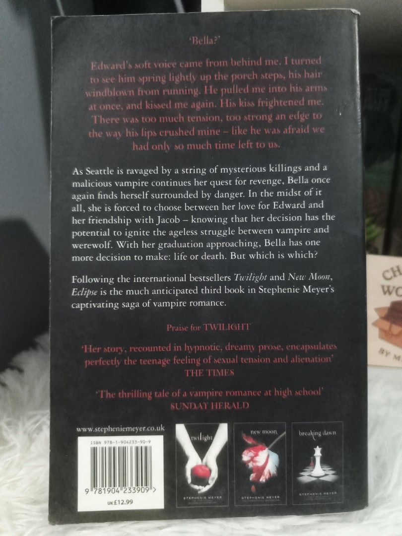 Eclipse by Stephenie Meyer - Twilight Saga Book 3 (Category: Storybooks) located in Cabuyao City. Submitted by chaptersandwonders143 (Listing ID 1446166926, Image 2). Description: Condi: With visible sign of usage (as shown in the ictures) - Eclipse: The third book in Stephenie Meyer's Twilight Saga. - Bella's story: Caught between her love for Edward and friendship with Jacob. - Thrilling plot: Seattle is plagued by mysterious killings. - Intern