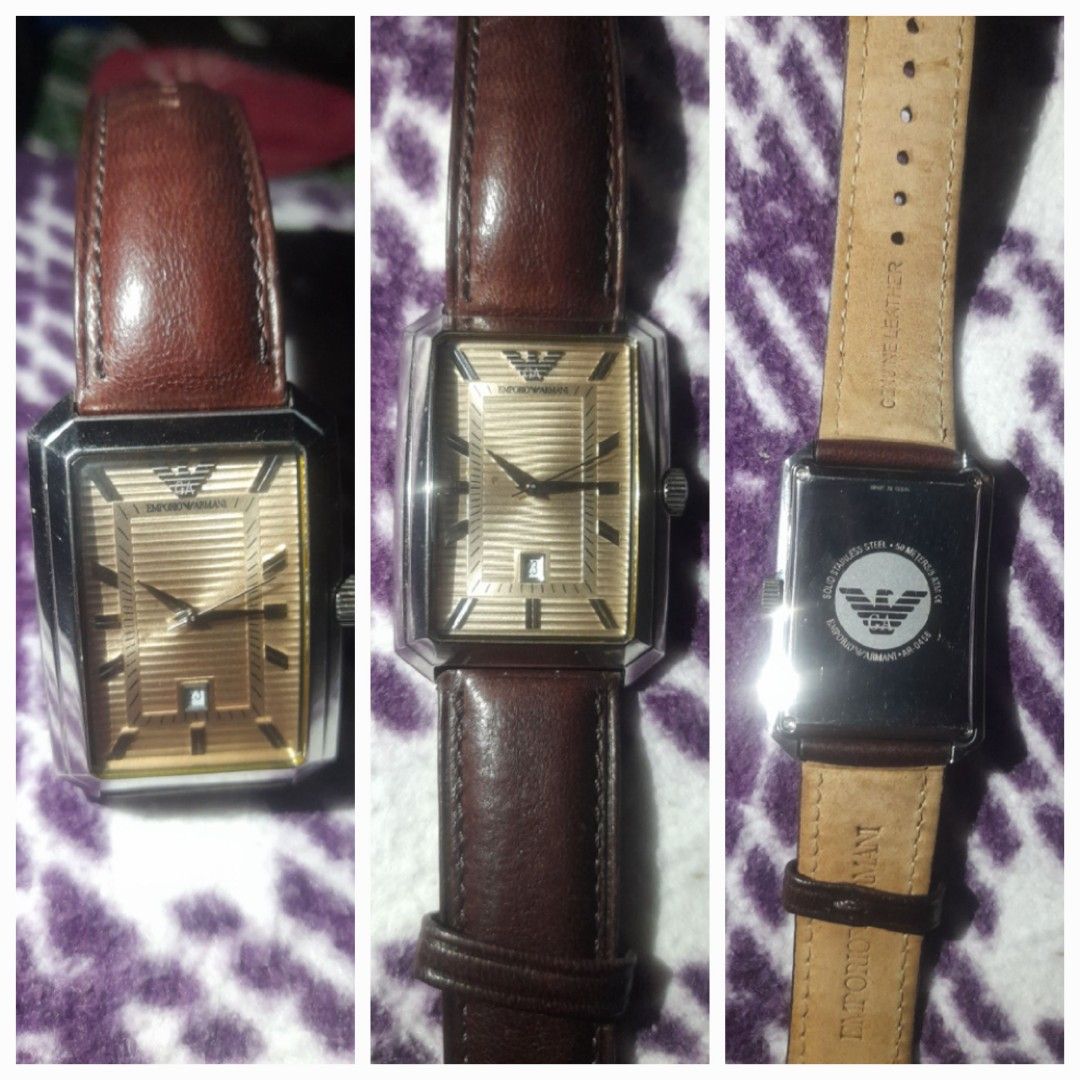 Emporio Armani Rectangle Watch Brown Leather Strap (Category: Luxury Watches) located in Manila. Submitted by cleverbird_9e8ba1 (Listing ID 1446292231, Image 1). Description: - Authentic Emporio Armani watch - Elegant champagne dial - Classic rectangular case - Rich brown genuine leather strap - Convenient date window at 6 o'clock - Durable 'All Stainless Steel Case' back - Distinctive Emporio Armani eagle logo on the back - no box - battery .