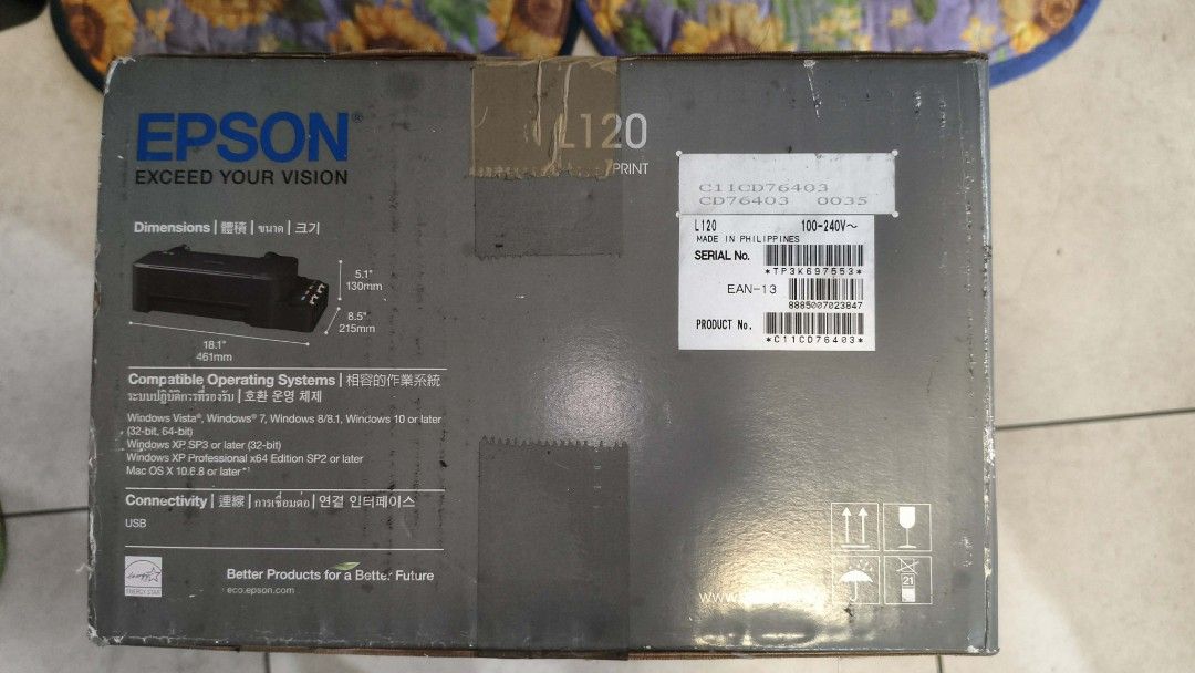 Epson L120 Printer with Ink Tank System (Category: Printers, Scanners & Copiers) located in Paranaque City. Submitted by imjolo (Listing ID 1446232512, Image 2). Description: Epson L120 Printer Negotiable LITERALLY BRAND NEW NEVER BEEN USED - Affordable document printing - Super low running cost - High capacity ink tank system - Compatible with Windows (7, 8, 10, XP) and Mac OS X - Power cable included - Perfect for home or office use If interest