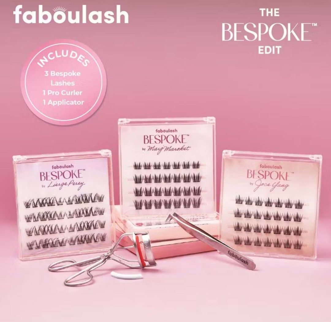 Faboulash Bespoke Edit False Eyelashes Kit (Category: Makeup) located in Silang. Submitted by declutterswuni (Listing ID 1446308510, Image 1). Description: - Includes 2 pairs of bespoke lashes (no lierge) - Comes with a pro curler and applicator. - Create voluminous, soft glam, or lifted looks. - Designed for a balanced, fluffy lash line. - Perfect for everyday wear or special occasions. - Easy to apply for a fluttery effect..
