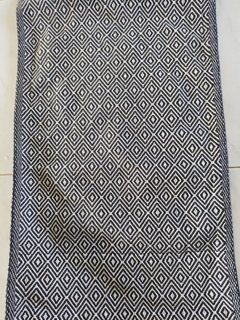 Geometric Pattern Table Runner (Category: Table Linen & Textiles) located in Singapore. Submitted by alvintaywt (Listing ID 1446298843, Image 2). Description: - Long table runner (approx. 4 feet) - Woven diamond geometric Length pattern - Dark grey and white/silver color scheme - Adds texture and visual interest to your dining table - Versatile for decoration or as placemats.