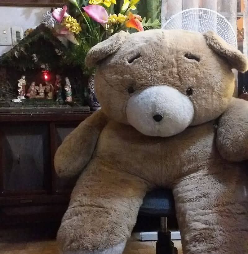 Giant Brown Teddy Bear Plush Toy (Category: Plushies & Soft Toys) located in Quezon City. Submitted by kinopipanda (Listing ID 1446251764, Image 1). Description: - Super big and fluffy teddy bear - Light brown color with white snout and inner ears - Cute embroidered eyes and stitched nose - Perfect for hugs or as a room decoration - Great gift for kids or anyone - Makes a statement due to its large size.