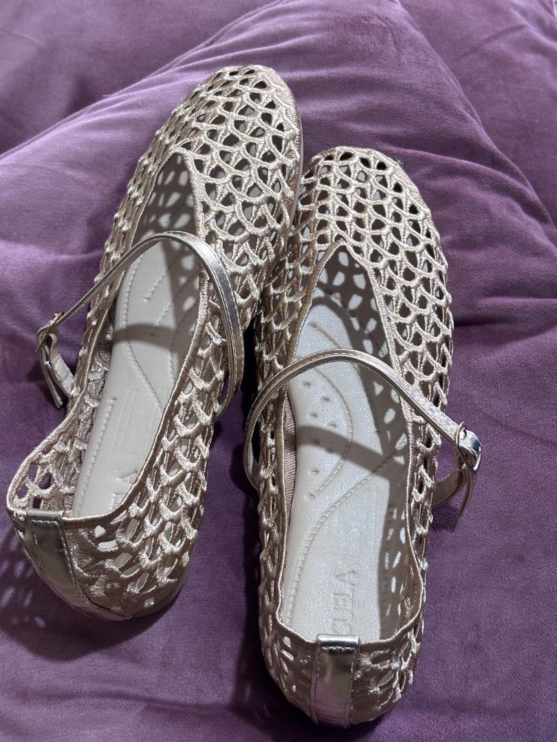 Gold Mesh Ballet Flats with Ankle Strap (Category: Flats & Sandals) located in Caloocan City. Submitted by stuff_shop (Listing ID 1446277582, Image 3). Description: - Gold mesh ballet flats - Size 40 - Adorable all-over cutout design - Thin strap with buckle for a secure fit - Soles appear almost new - Versatile for casual outings or dressing up.