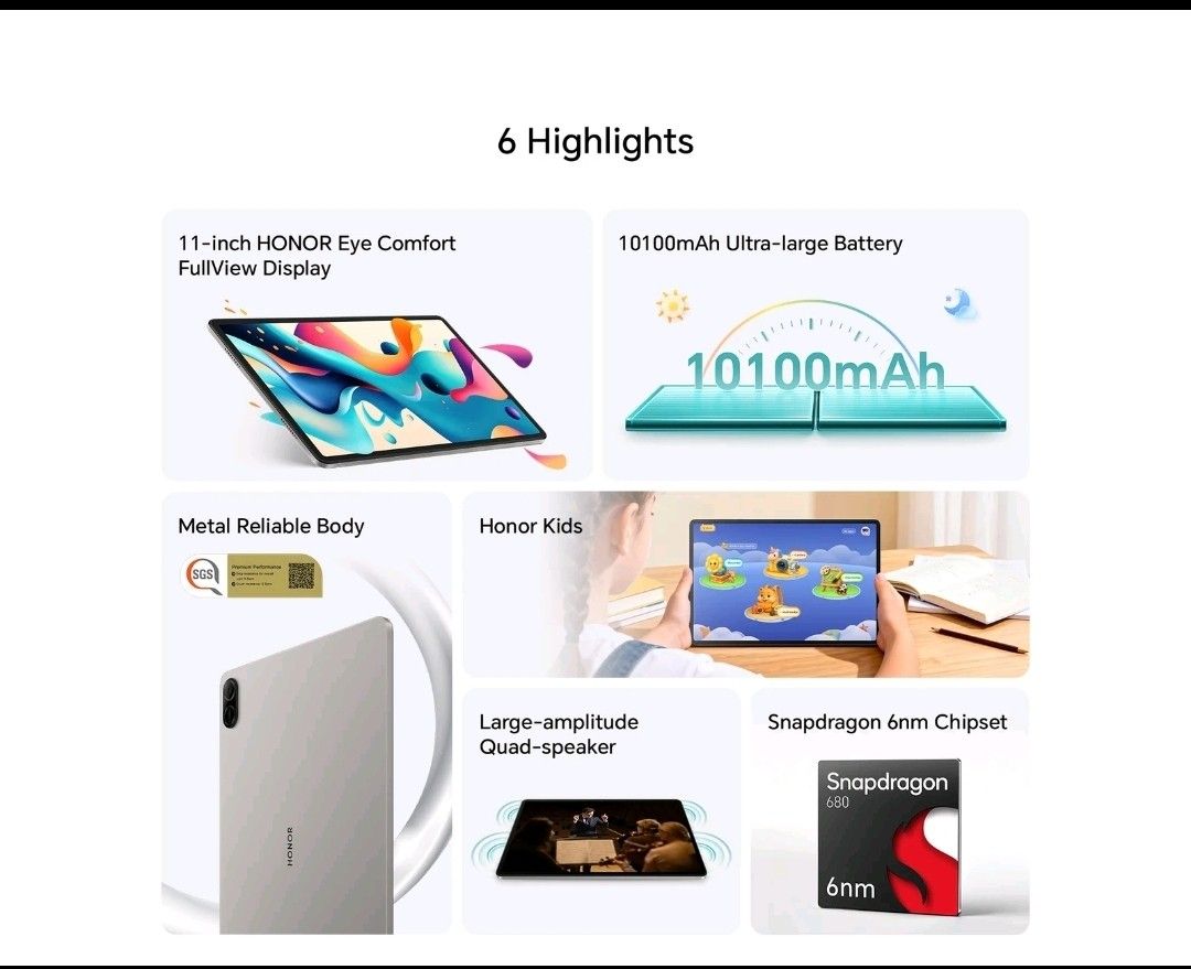 Honor (Category: Android) located in Singapore. Submitted by tonyjj (Listing ID 1446235721, Image 2). Description: - HONOR Pad X8b Tablet - 11-inch 90Hz Eye Comfort FullView Display - Massive 10100mAh Battery - LTE Connectivity - Powerful Snapdragon 6nm Chipset - Premium Metal Body - Immersive Quad-Speaker System - Light and Slim Design - Ideal for Entertainment & Kids 6GB RAM, 64GB ROM.