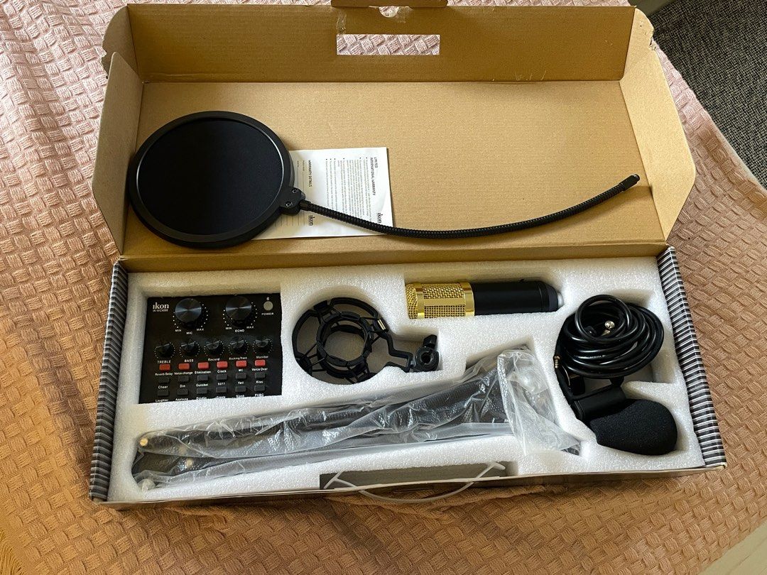 IKON Live Recording Condenser Microphone Set (Category: Microphones) located in Manila. Submitted by sopmeri5617 (Listing ID 1446215666, Image 1). Description: 🎙️ iKon Condenser Microphone Set - Bought this but never got the chance to use it, so I'm hoping it goes to someone who will. 🤍 Still sealed and complete! Bought it in Saudi * Authentic iKon condenser microphone set * Brand new & box still sealed * Complete set: microphone, stand, pop fi