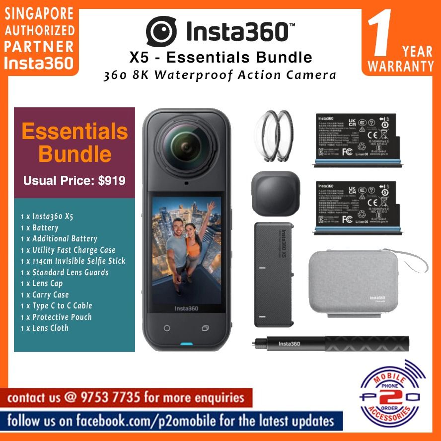 Insta360 X5 Essentials Bundle (Category: Video Cameras) located in Singapore. Submitted by p2omobile (Listing ID 1367468521, Image 1). Description: Insta360 X5 Essentials Bundle Show Carousell Price: $ 849.00 Usual Price: $ 919.00 # 1 Year warranty by Insta360 Singapore # Essentials Bundle includes: 1x Insta360 X5 1 x Battery 1x Additional Battery 1x Utility Fast Charge Case 1x 114cm Invisible Selfie Stick 1x Standard Lens Guards 1x Lens Cap 1x C