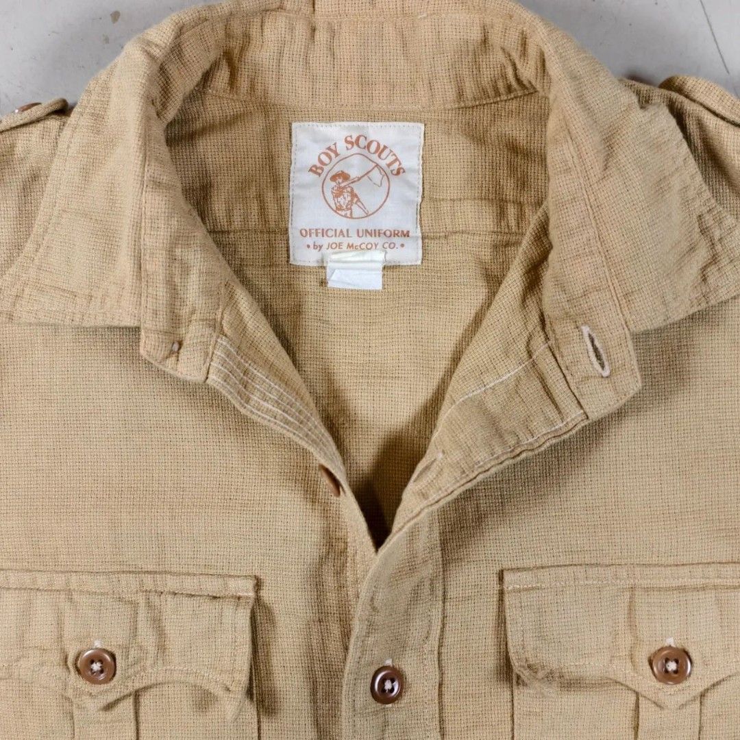 Joe McCoy Boy Scout Official Uniform Button-Down Shirt (Category: Formal Shirts) located in Roxas City. Submitted by fadesandpatinas (Listing ID 1446290227, Image 3). Description: Joe McCoy Boy Scout Official Uniform Button-Down Shirt Tagged 14 Fits XS-Small Measurements: Pit - 19.8" Length - 26.5" Shoulder - 16" Sleeve - 23.2" Authentic Joe McCoy Boy Scout-inspired official uniform shirt by The Real McCoy's, faithfully recreating classic America