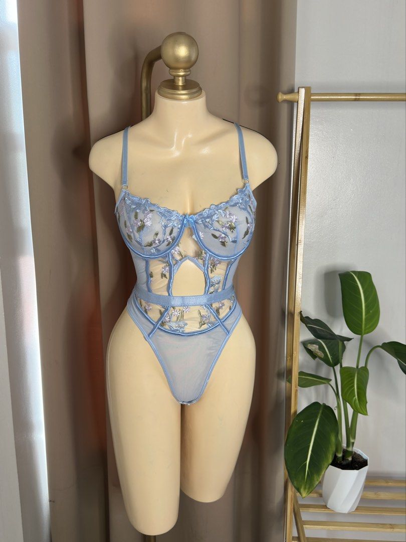 Light Blue Floral Embroidered Mesh Teddy Bodysuit (Category: Others Tops) located in Angeles City. Submitted by xandra25 (Listing ID 1446303436, Image 2). Description: - Sheer mesh bodysuit in light blue - Delicate floral embroidery all over - Flattering waist cut-out detail - Adjustable spaghetti straps for a perfect fit - High-cut leg design - Versatile: great for layering or as a statement piece.